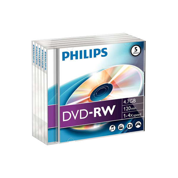 5er Pack DVD-RW im Jewelase von Philips